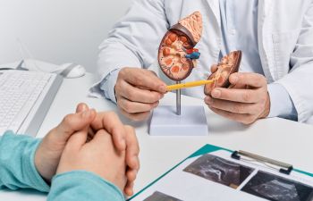 Doctor analyzing patient's kidney tests results and explaining the issue using a kidney model.